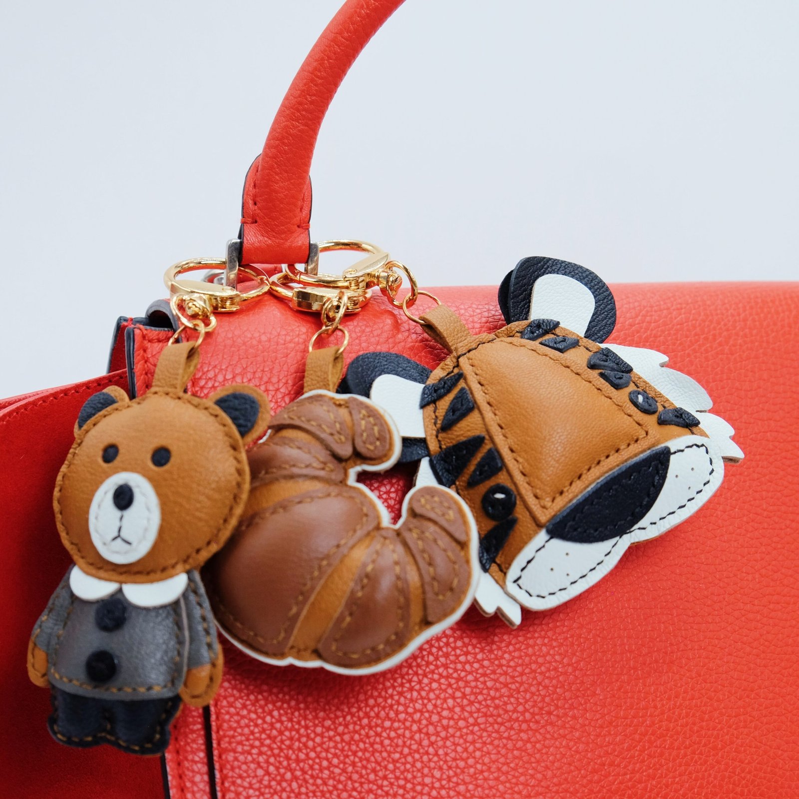 Handmade Sheepskin Leather Keychains - Tiger, Bear, Croissant Bag Charms & Key Ring Accessories