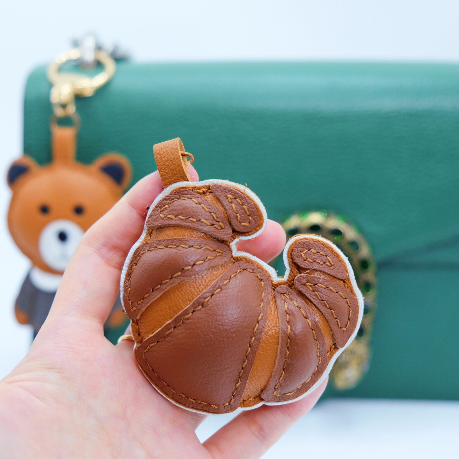 Handmade Sheepskin Leather Keychains - Tiger, Bear, Croissant Bag Charms & Key Ring Accessories - Image 6