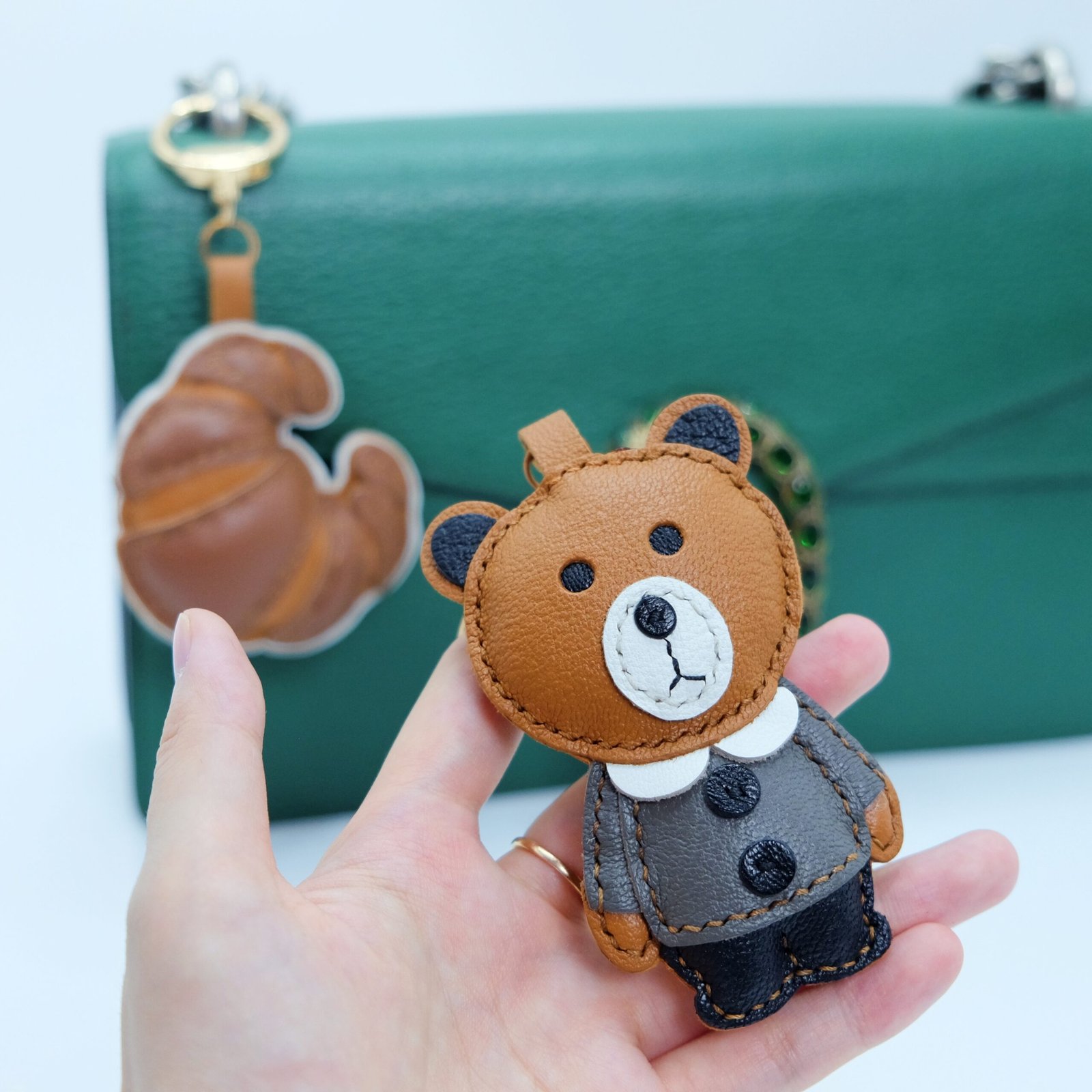 Handmade Sheepskin Leather Keychains - Tiger, Bear, Croissant Bag Charms & Key Ring Accessories - Image 4