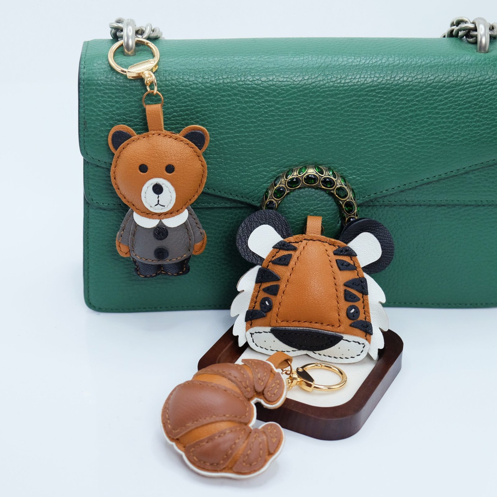 Handmade Sheepskin Leather Keychains - Tiger, Bear, Croissant Bag Charms & Key Ring Accessories - Image 3